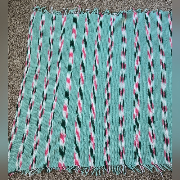 Vintage Shawl Wrap, Leg Warmer Crochet By Hand 1988 With Fringe Greens & Pink - Picture 4 of 9
